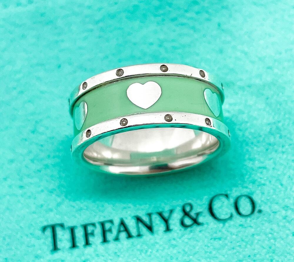 Tiffany & Co Sterling Silver Blue Enamel Hearts Band Ring Size 5.75